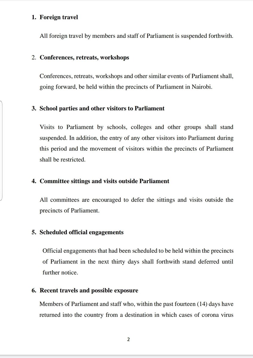 NAssemblyKE's tweet photo. The Parliamentary Service Commission, in a Joint Communique (attached) from the Speakers of both Houses @SpeakerJBMuturi and @Ken_Lusaka has issued Guidelines to Members of Parliament and Staff, with regards to the Declaration of COVID-19 (Coronavirus) as a Pandemic. https://t.co/eMnEokfBoq