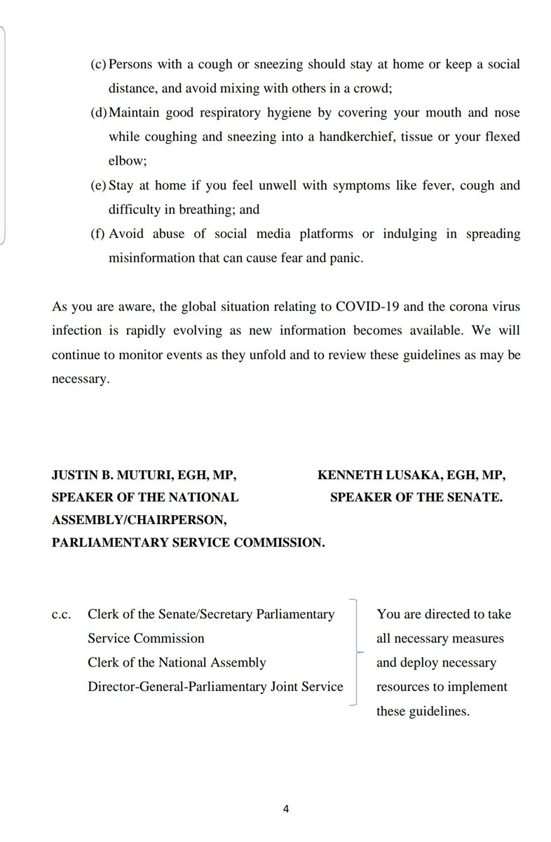 The Parliamentary Service Commission, in a Joint Communique (attached) from the Speakers of both Houses @SpeakerJBMuturi and <a href="/Ken_Lusaka/">Governor Kenneth Lusaka</a> has issued Guidelines to Members of Parliament and Staff, with regards to the Declaration of COVID-19 (Coronavirus) as a Pandemic.