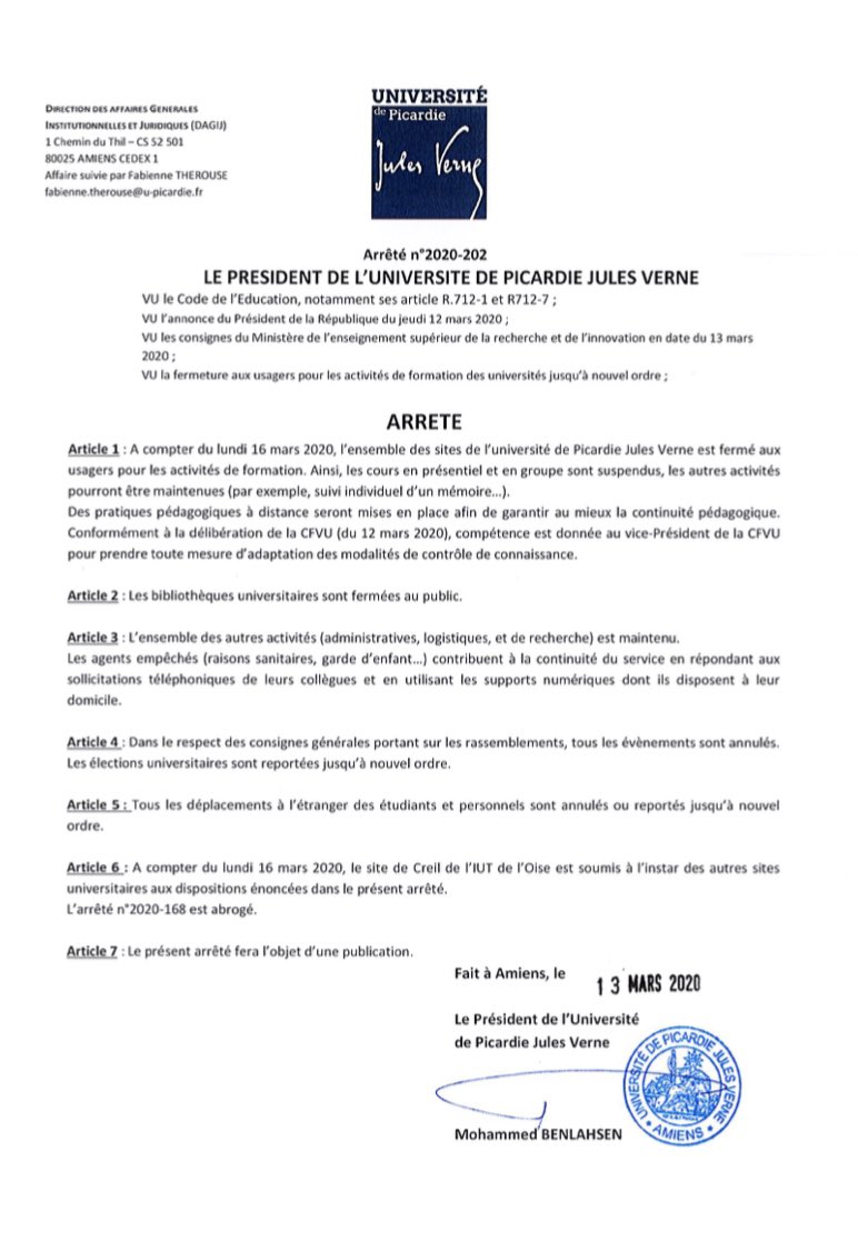UPJV_Univ's tweet photo. ⚠️❗️ [#CORONAVIRUS - #COVID19] - FERMETURE DE L’UPJV ⛔️ ⬇️
Arrêté officiel.

ℹ️ Pour rester informé régulièrement :
https://t.co/wImFFy4fkc https://t.co/T6eR8F4dXr