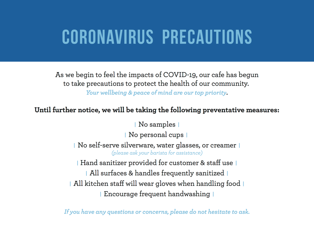 Recognizing the growing risk posed by the spread of COVID-19, our cafes have begun taking preventative measures to protect the health of our local communities.⁣ We will continue to adjust our service in line with CDC recommendations. Thank you for your understanding🙏🏼