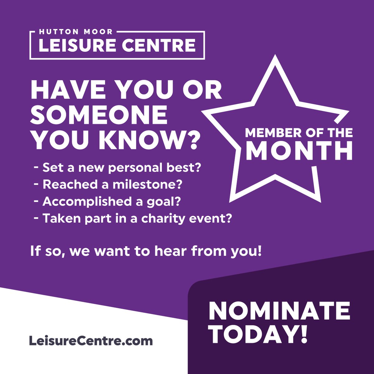 ⭐️Member of the Month⭐️

A chance for us to recognise and celebrate the amazing achievements of our members!

DM us today with your nominations or email huttonmooradmin@legacyleisure.org.uk
#huttonmoor #mylocal #leisurecentre #memberofthemonth