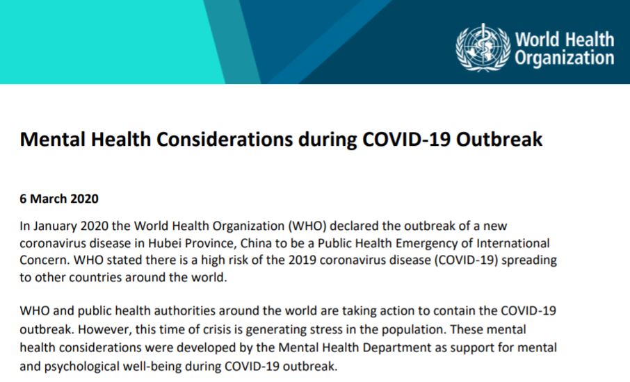 HPEschools's tweet photo. Good info from the @WHO about mental health considerations during the #COVID19 outbreak. Read more at https://t.co/7FHXD7eo73 https://t.co/eG2qmGTYeB