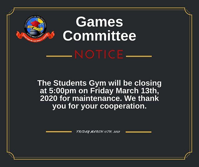cavehillguildg1's tweet photo. The Students Gym will be closing at 5:00pm on Friday March 13th, 2020 for maintenance. We thank you for your cooperation. https://t.co/34Ay6JlwCv https://t.co/ai7EOUzK5l