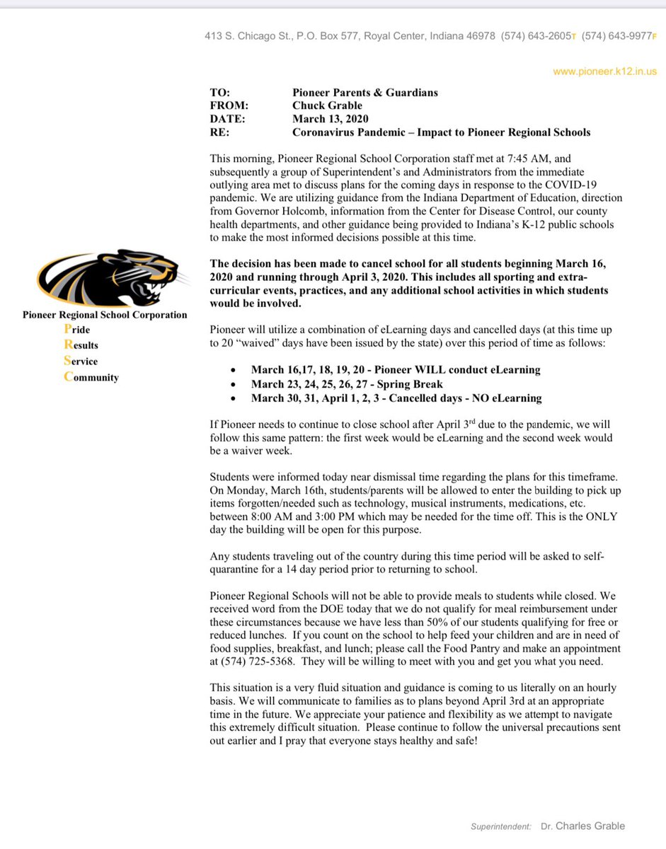 Pioneer Regional Schools will be closed beginning Monday, March 16th through Friday, April 3rd due to the COVID-19 Pandemic.  Please read the attached letter for more details.