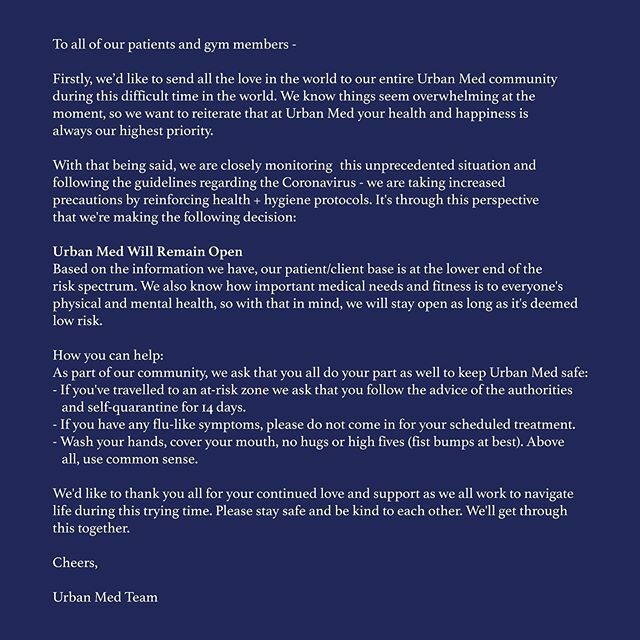 UrbanMedLA's tweet photo. To all of our patients and gym members -Firstly, ​we’d like to send all the love in the world to our entire Urban Med community during this difficult time in the world. We know things seem overwhelming at the moment, so we want to reiterate that at U… https://t.co/iAi7uJjm9W https://t.co/xzmgzzaNN3