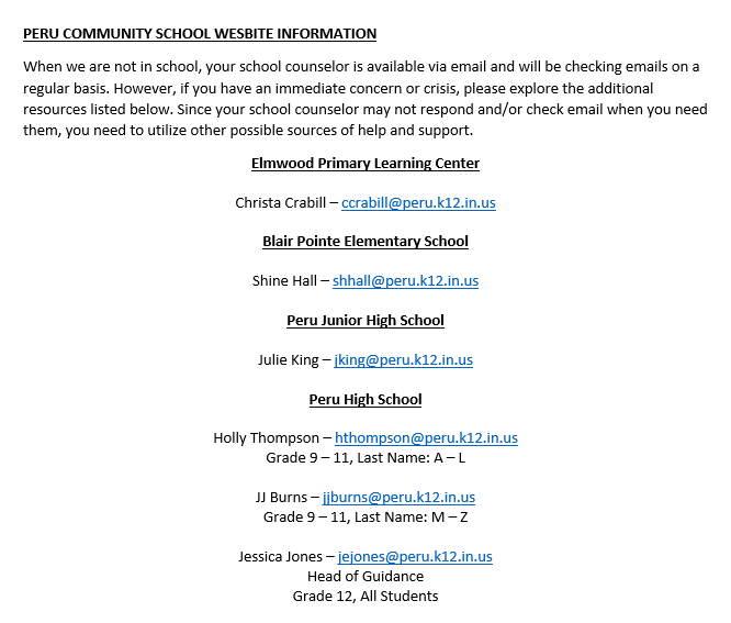 PHSguidancedept's tweet photo. Students: Please use the info below to reach out to your counselor over the next three weeks. We are here if you need us! @PeruHighSchool https://t.co/T3AmpeuZng