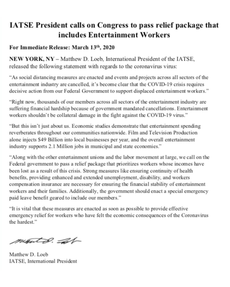matthewloeb's tweet photo. Along with the other entertainment unions and the labor movement at large, we call on the Federal government to pass a relief package that prioritizes workers whose incomes have been lost as a result of this crisis. https://t.co/QP0uqJZG3Z