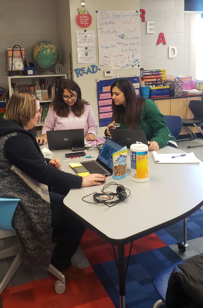 EL Team working hard this morning to get online ELD lessons done for students.  #WB2020