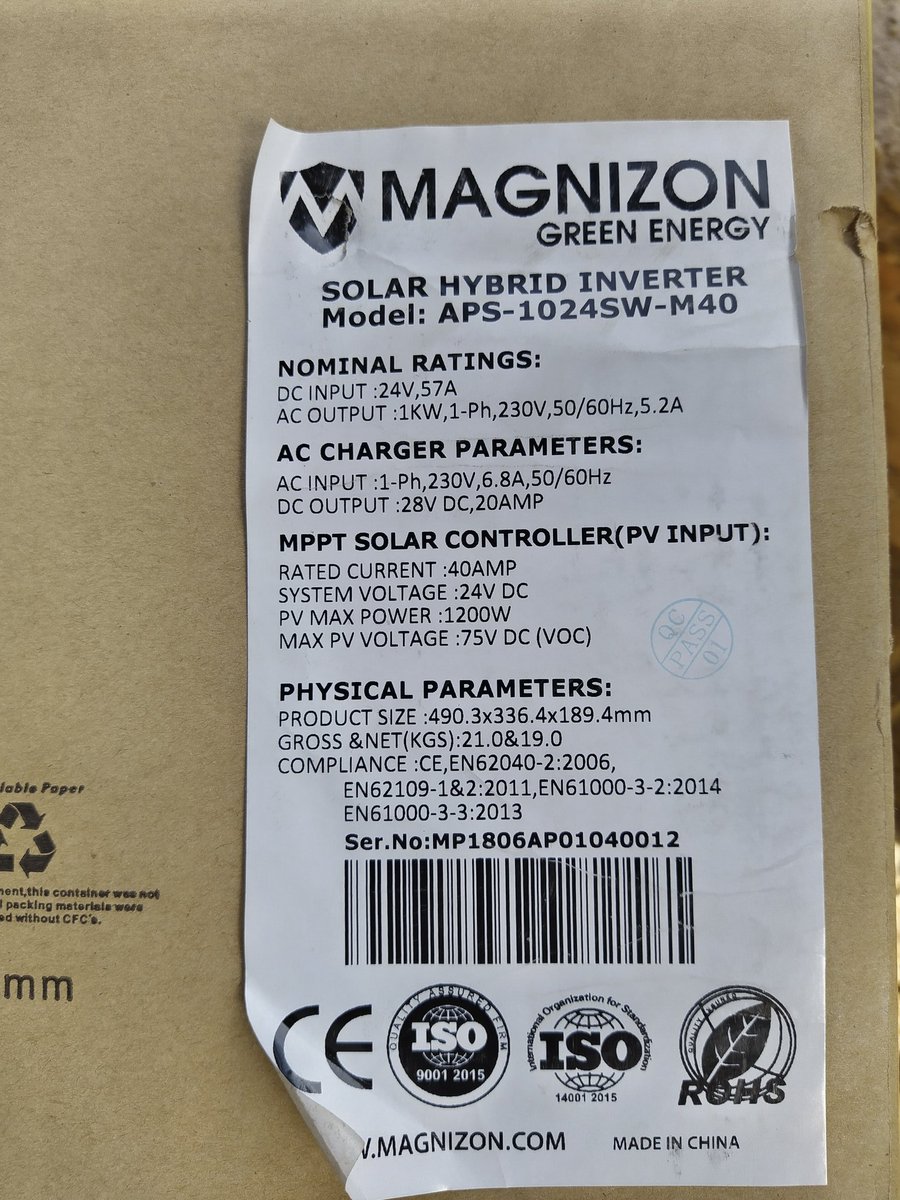 Gotten a newer version of Magnizon Hybrid inverter. APS Model. Transformer based. I like it already. Looks very compact and well packaged, and above all SNP enabled for remote monitoring (previous model you had to buy an SNP dongle separately). I like the wall mounts on the side