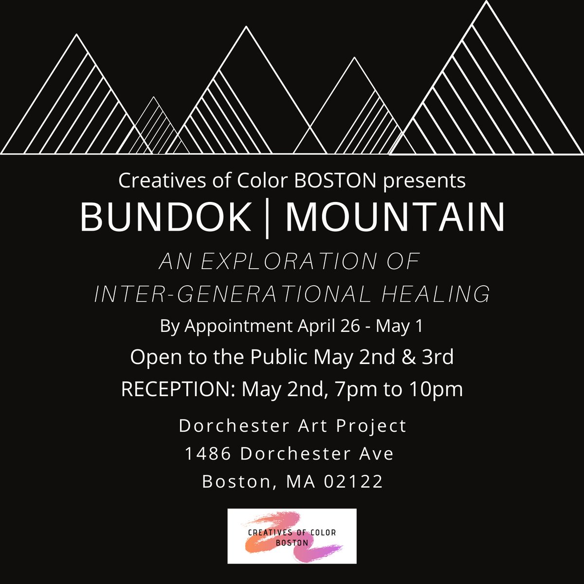 ArtsinBoston's tweet photo. Creatives of Color Boston is looking for visual and performance artists to be a part of their next pop-up exhibit, Bundok|Mountain. All visual &amp; performative artists are welcome to apply by March 15. The theme is an exploration of intergenerational healing https://t.co/25FYe8fOrv https://t.co/uu4fWaakXO