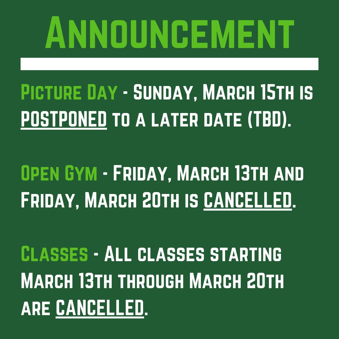 CheerForceSD's tweet photo. ❗️IMPORTANT❗️our picture day for Sunday March 15th is being postponed to a later date that we will announce. Open Gym scheduled for tonight and next Friday March 20th is cancelled. All classes scheduled for today through next Friday March 20th are also cancelled. https://t.co/tcrBZPg9Yp