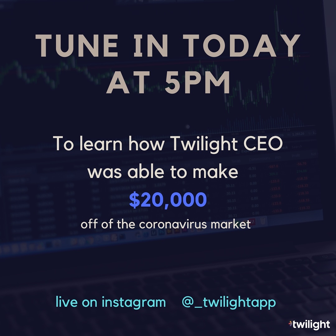 twilight_works_'s tweet photo. @_twilightapp CEO @4xRoads will be sharing how he prepared himself to financially protect himself from the #COVID19 market scare. 

Join today at 5PM to hear his thoughts. 

#StockMarketCrash2020 #stocks #panicbuying #FinancialMarkets #financialeducation https://t.co/1EciXKzxFd
