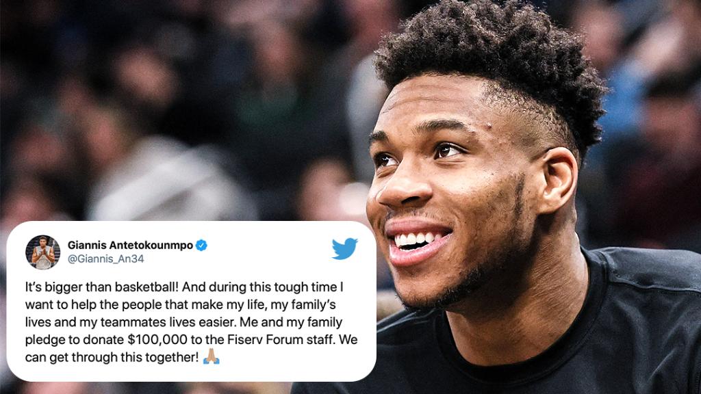 SportsCenter's tweet photo. .@Giannis_An34 says he and his family will donate $100,000 to the Bucks' arena staff 👏 https://t.co/cmLwxpMIa9