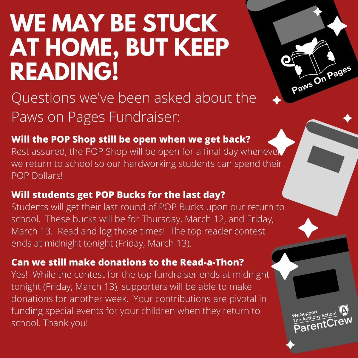 AnthonySchool's tweet photo. ParentCrew's Paws on Pages Read-a-Thon is wrapping up! Please review this information from the POP committee that answers several questions. https://t.co/3NYsyfDseA #TASParentCrew #PawsonPages https://t.co/runvmfTkP8