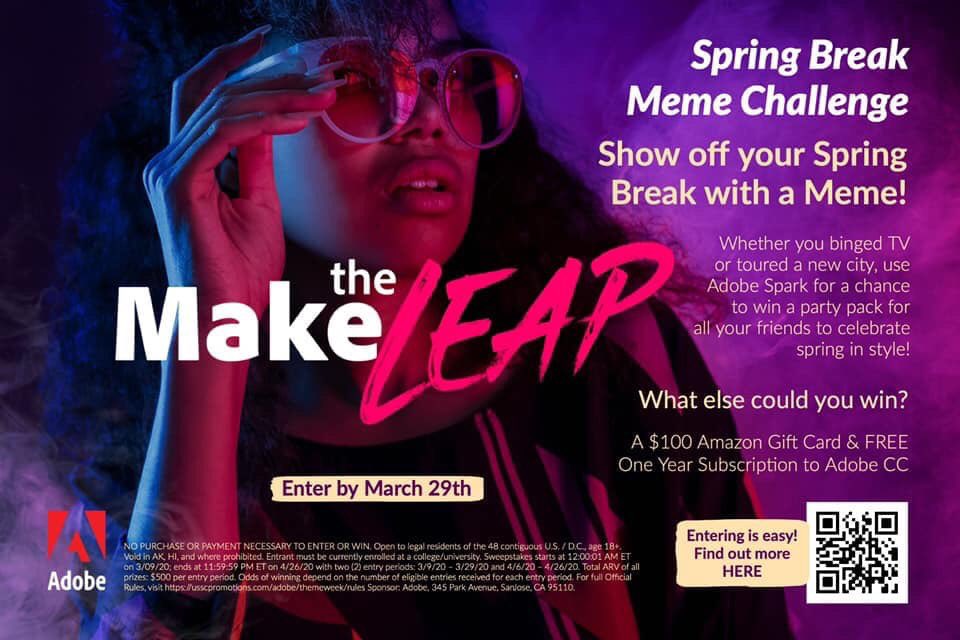 RightonBigelow's tweet photo. Interested in winning a FREE ONE YEAR SUBSCRIPTION TO ADOBE CC?? Plus, a $100
Amazon Gift Card and Party Pack by Insomnia
 Cookies (or similar) for all of your friends?? Then show us how you spring break’ed by creating a meme using Adobe Spark?? https://t.co/AugkfXJq4K