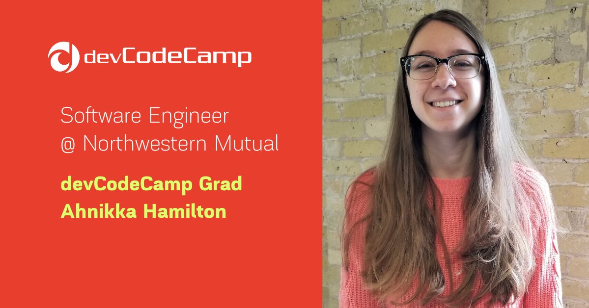 devcodecamp's tweet photo. Congrats to Ahnikka Hamilton for accepting a Software Engineer Position with @NM_MKE. Ahnikka begins her #CareerInCode with the passion and grit needed to succeed. #Coding #SoftwareEngineer #MKE https://t.co/0b2AAkCTJR