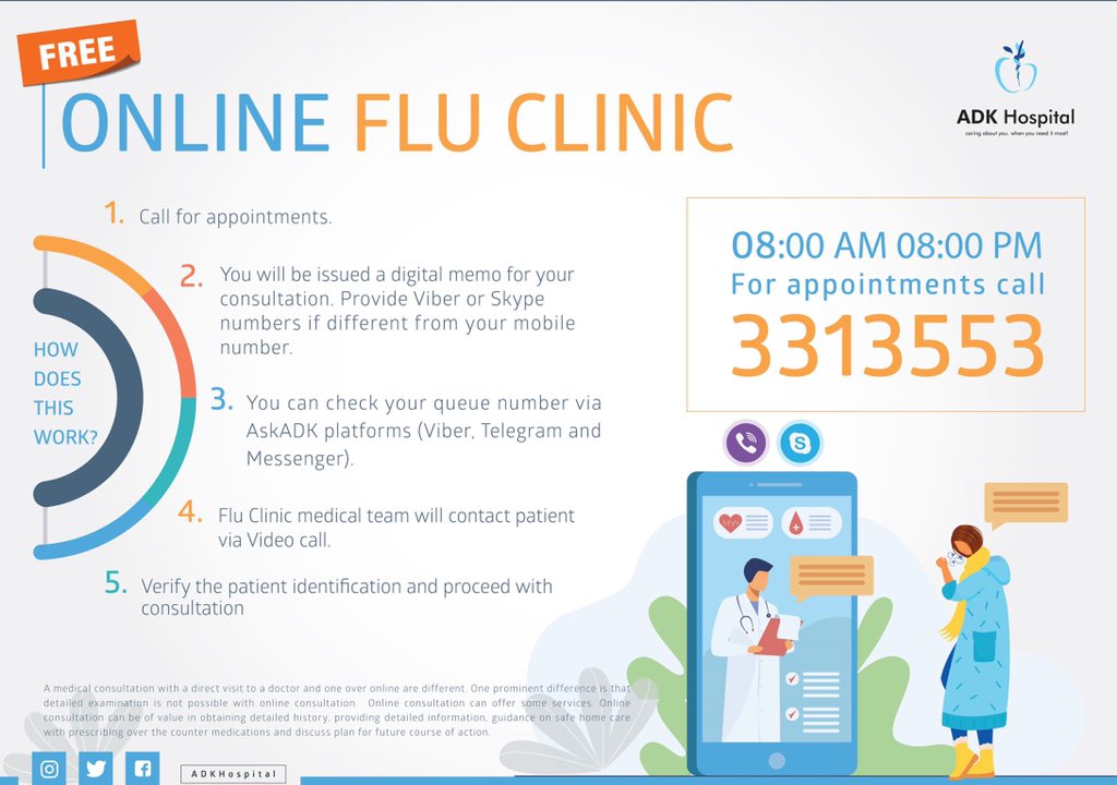 ADKHospital's tweet image. We are pleased to announce the establishment of an online flu clinic from tomorrow onwards. If you have flu symptoms, please call us &amp;amp; make an online appointment. Our team will contact you for medical attention while you are at home. #COVID19