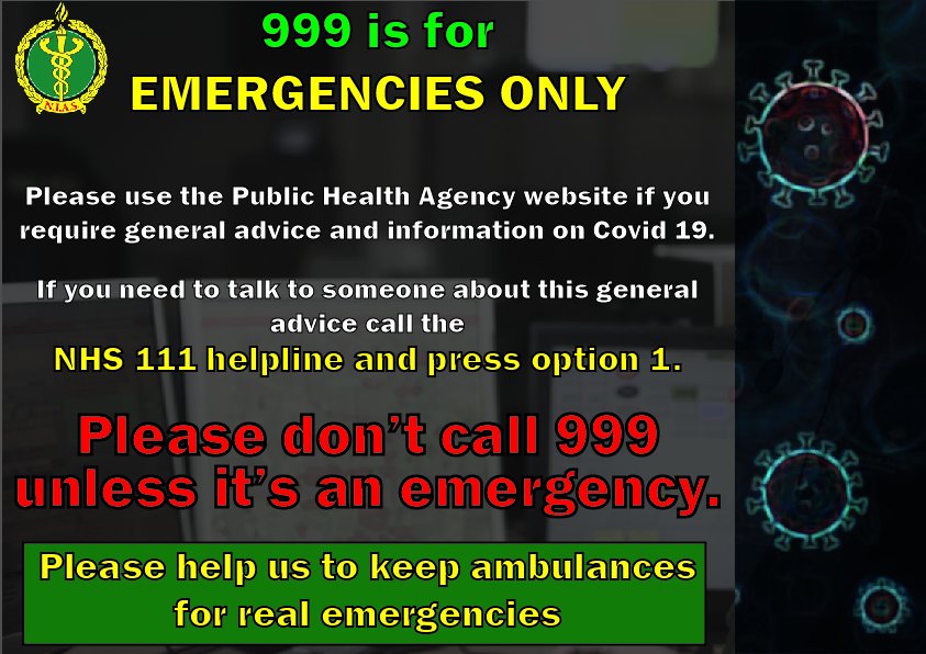 NIAS999's tweet image. NIAS is experiencing an increased volume of calls including people  concerned about Covid-19. @publichealthni provides initial advice  for those concerned about symptoms they have. Please visit publiclichealth.hscni.net and help keep ambulances free for emergencies. @healthdpt