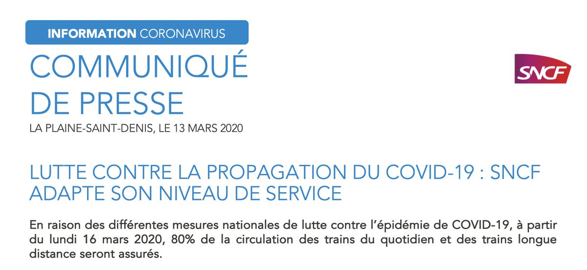 GroupeSNCF's tweet photo. ℹ️ Lutte contre la propagation du #Covid_19: @SNCF adapte son niveau.
À partir du lundi 16 mars 2020, 80% de la circulation des trains du quotidien et des trains longue distance seront assurés.

Communiqué de Presse :

🔗 https://t.co/Y2Ufxlon7J https://t.co/uEUEteg7Go