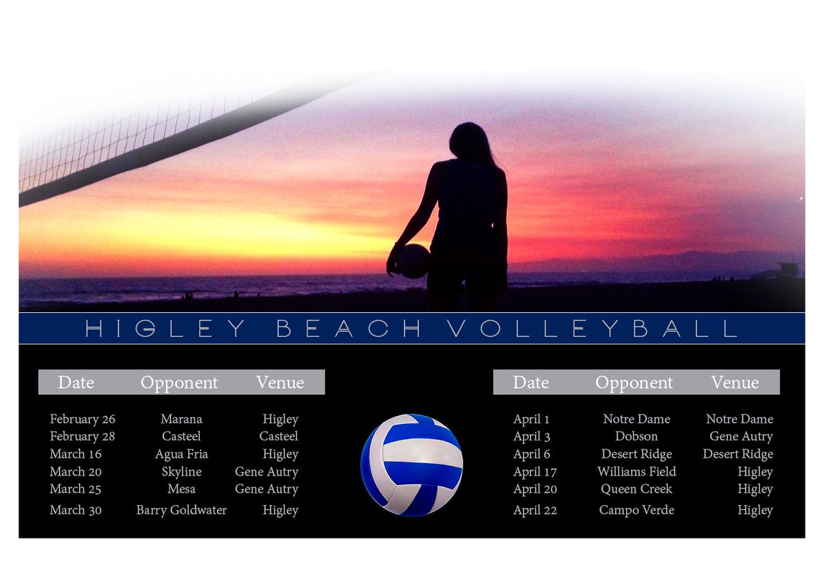 higleybeach's tweet photo. Here is an updated schedule! Please note the change in venue for the March 20, March 25, and April 3 match. All 3 will be held at Gene Autry Sports Complex. Thank you! 💙🏐💙 https://t.co/VeiQdBAQtL