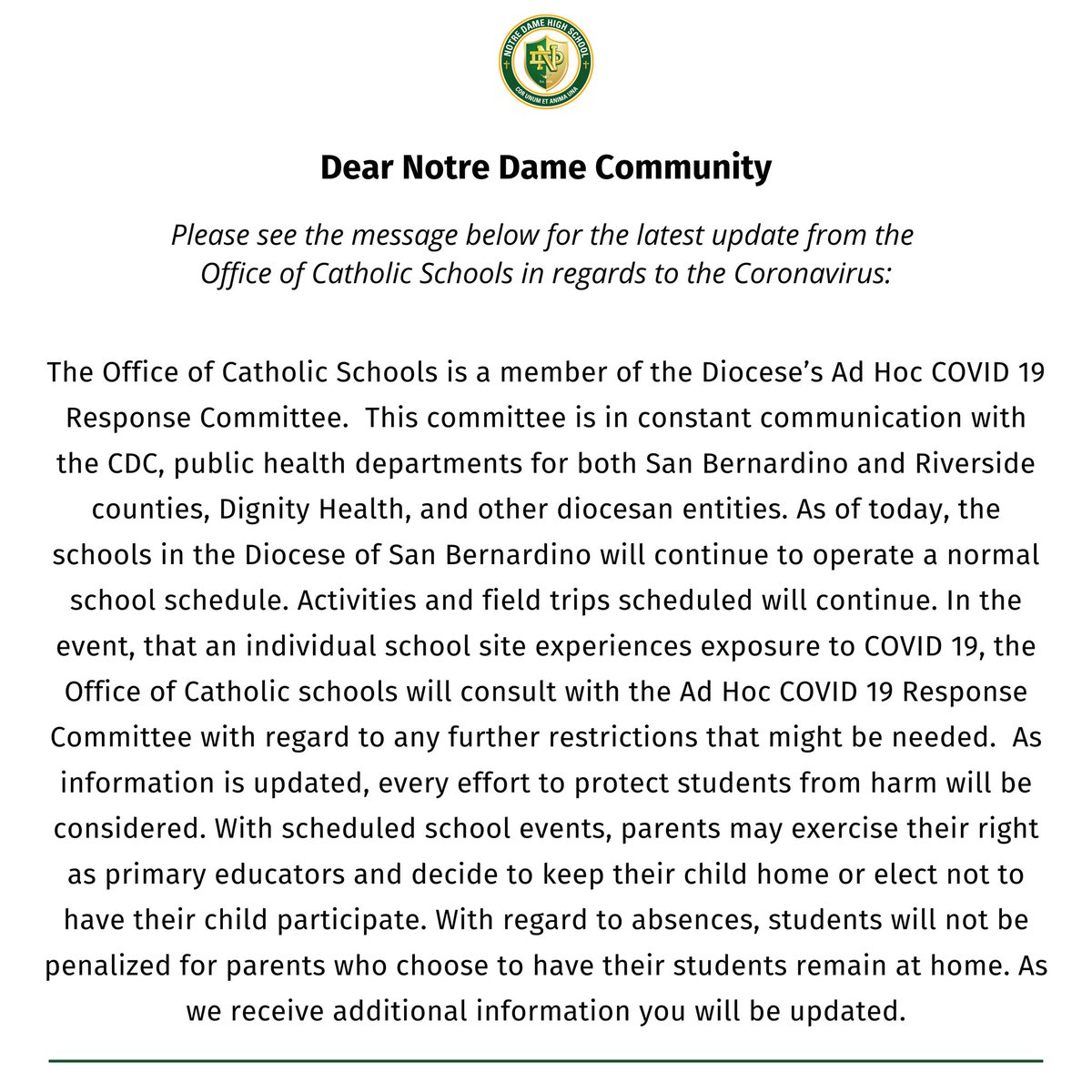NDHSRiverside's tweet photo. As of now, classes remain scheduled as normal. Updates will continue regularly as they become available.  Please see yesterday’s statement from the Office of Catholic Schools. https://t.co/tTFCTidd6b