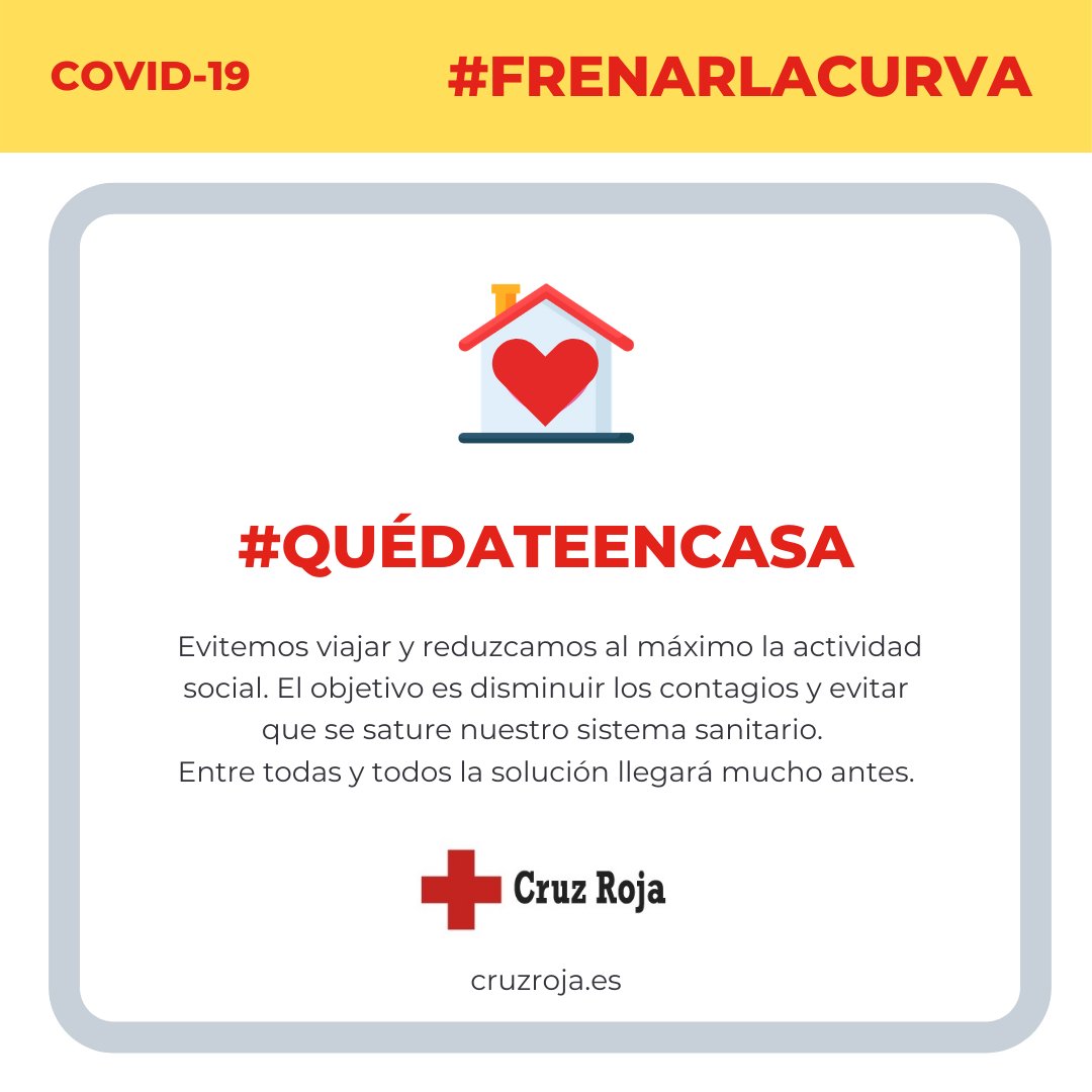 CruzRojaRMurcia's tweet photo. [#QuédateEnCasa] Debemos actuar con responsabilidad ante el #Covid_19. Evitemos viajar y reduzcamos al máximo la actividad social. El objetivo: disminuir los contagios y evitar que se sature nuestro sistema sanitario.
#FrenarLaCurva #ProtegerLaHumanidad https://t.co/v1pS7iJYRX