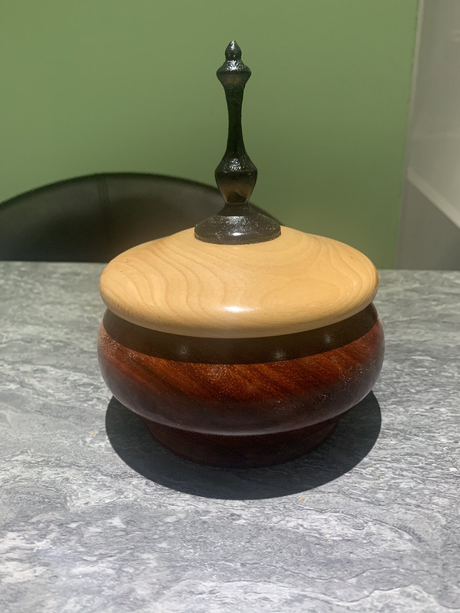 <a href="/craftfriday/">Craftfriday</a> Good evening been a busy week. Made a few bits including this lidded bowl from paduk and cherry with an ebonized sapele finial. #craftfriday
