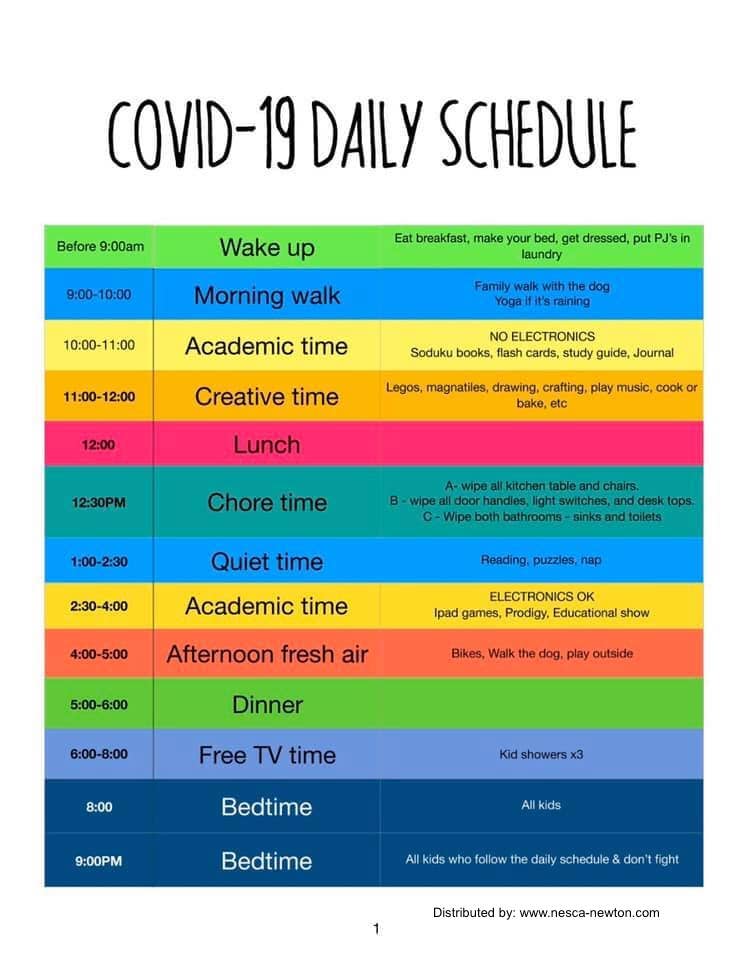 I came across this creative sample schedule that may help your family get through the next few weeks if the local school is closed.