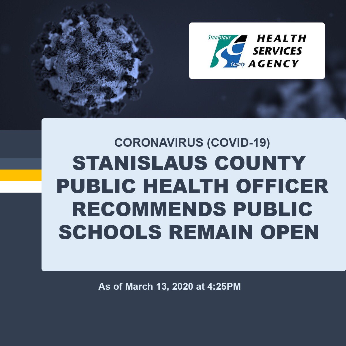 MCS is following guidance issued by Stanislaus County Public Health Official, Dr. Julie Vaishampayan, MD, MPH, pertaining to the Coronavirus (COVID-19). She advised to keep schools OPEN. If you have questions, call Public Health directly at 209-558-8804. tinyurl.com/qwuem6s
