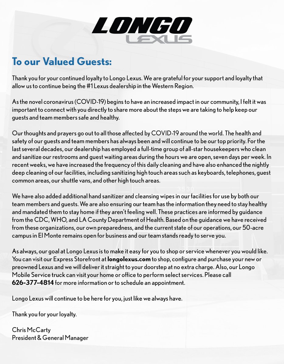 longolexus's tweet image. Thank you for your continued loyalty to Longo Lexus. As the novel coronavirus (COVID-19) begins to have an increased impact in our community, it's important to connect directly to share more about the steps we are taking to help keep our guests and team members safe and healthy.