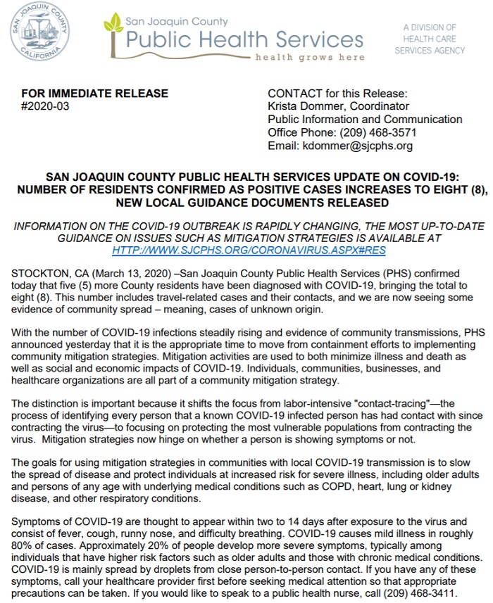 SAN JOAQUIN COUNTY PUBLIC HEALTH SERVICES UPDATE ON COVID-19:
NUMBER OF RESIDENTS CONFIRMED AS POSITIVE CASES INCREASES TO EIGHT (8), NEW LOCAL GUIDANCE DOCUMENTS RELEASED