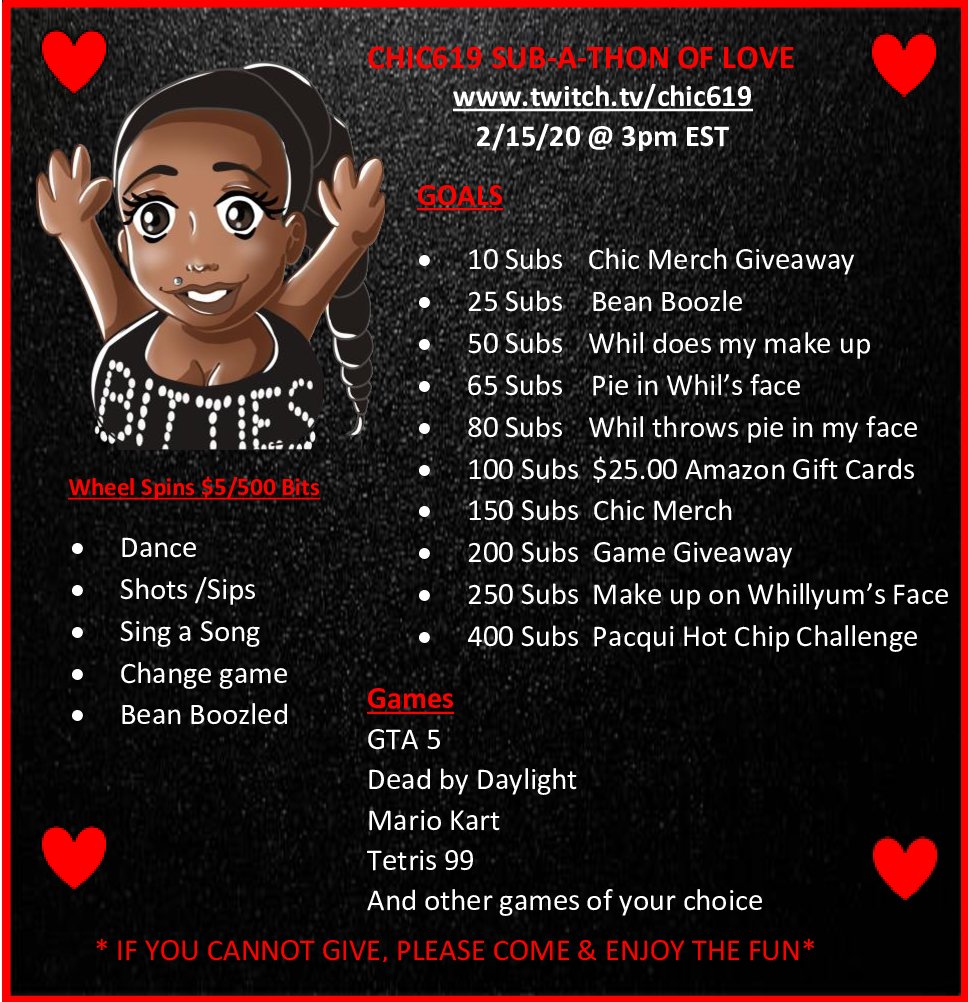 chic619's tweet photo. 12 HOURS &amp; 13 MINUTS UNTIL THE CHIC619 SUB-A-THON OF LOVE  #DaChurch #TheCookout @CC_Rts @CreatorsRetweet @GS_RTs_ @Retweet_Twitch @Quickest_Rts @RSG_Retweet @TwitchBotOnline https://t.co/LCBBmfvbxd