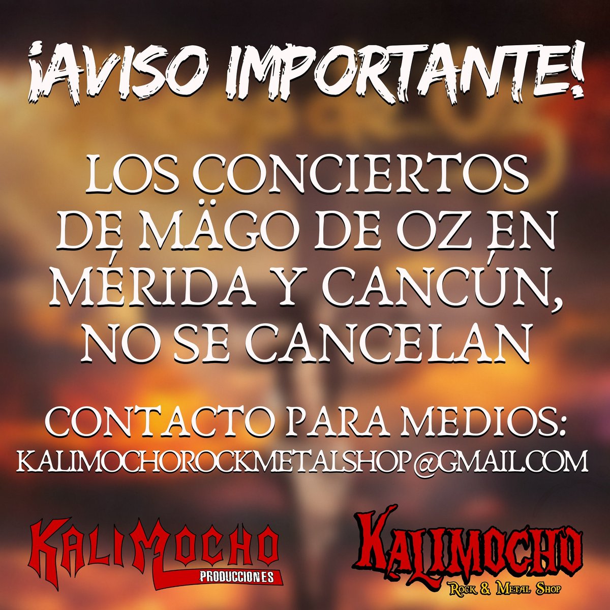 ⚠️ AVISO⚠️ Los conciertos de #MagoDeOz en #Mérida y #Cancún siguen en pie. No se dejen llevar por rumores. 🤘 RT
#MägoDeOz #IraDei #ApocalipsisTour #MeridaMexico #MeridaYucatan #Yucatán #Yucatan #QuintanaRoo #QRoo #Show #Concierto #Rock #Metal