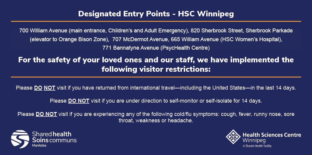 hsc_winnipeg's tweet photo. Entry to our HSC campus will be limited to specific entry points until further notice as precautions are put in place to ensure appropriate #Covid19 screening. Signage will direct patients, staff and visitors to designated entry points. https://t.co/IcJjek79AM
