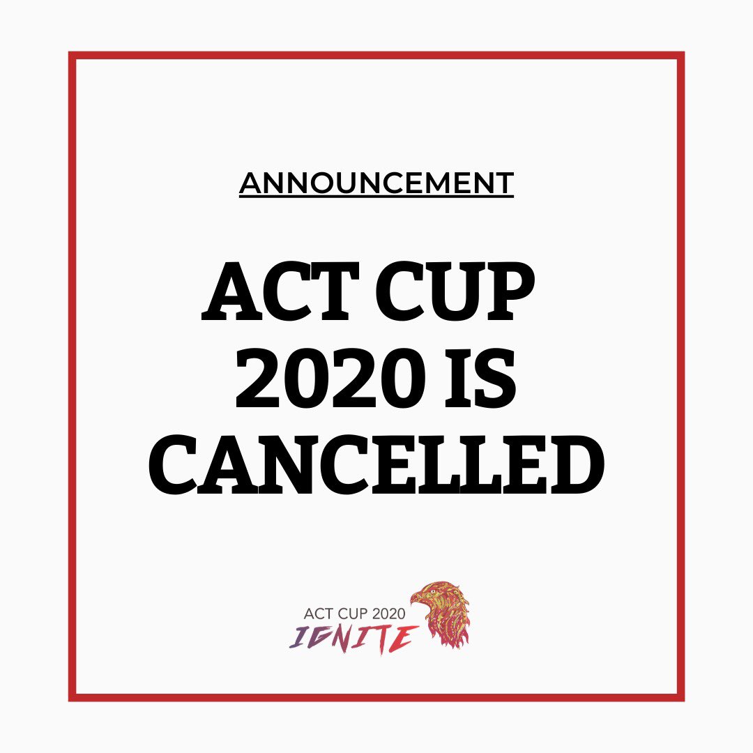 Announcement: ACT CUP 2020 is cancelled.
⠀⠀
The ANU has recently announced to cancel all public and social events until the end of the first semester as a precautionary measure to minimise the risk of COVID-19....

instagram.com/p/B9sYlwLHLj6/…