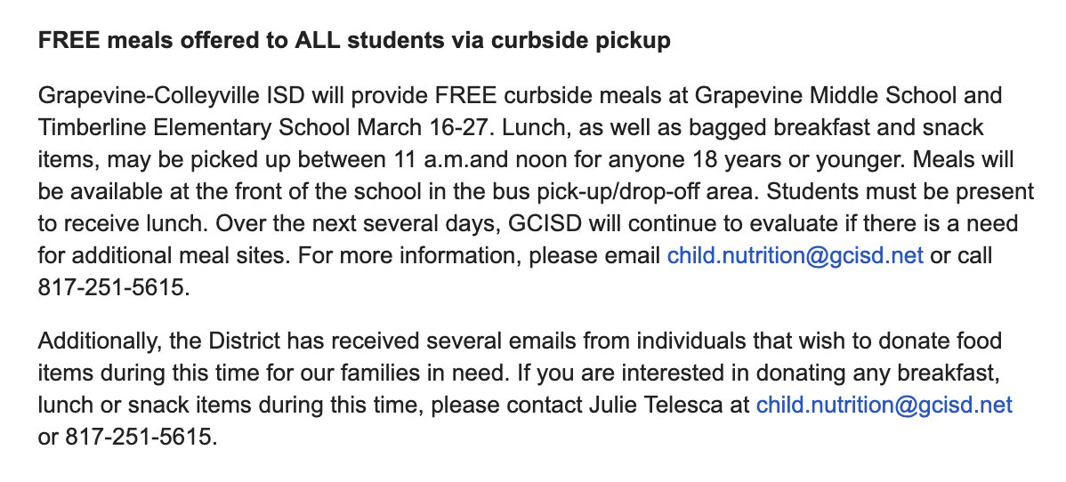 GCISD's tweet image. FREE meals offered to ALL students via curbside pickup.
