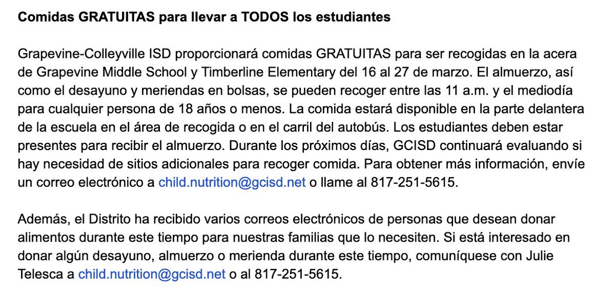 GCISD's tweet image. FREE meals offered to ALL students via curbside pickup.