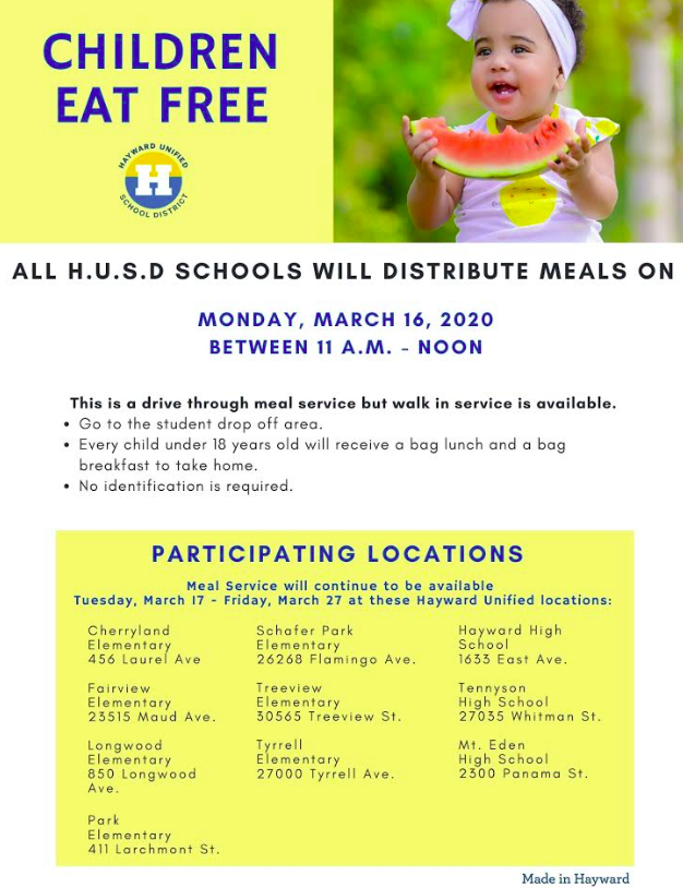 HaywardUSD's tweet photo. HUSD will provide FREE meals to students during school closures. https://t.co/Wsc85sTDms