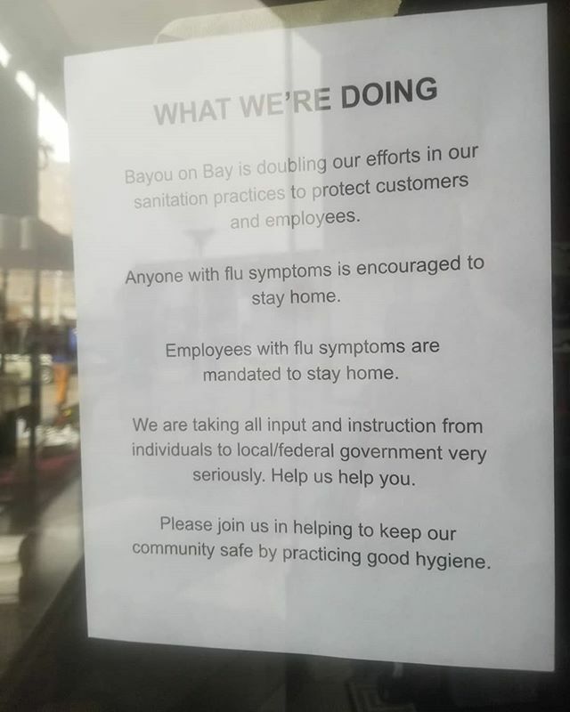 Bayou on Bay is doubling our efforts in our commitment to cleanliness and sanitation. So far, it's business as usual, and we're taking any and all input from individuals to local and federal experts seriously. We want our customers and employees to feel … ift.tt/2wYDuS8