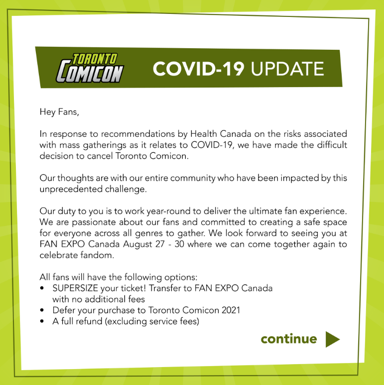 fuzzyigloo's tweet photo. (1/3) The news has been out for a bit now, but Toronto Comicon has been cancelled - for very understandable reasons.

Since the shoppe is pretty small, Comicon is the largest event for the store in the year.  This one hurts a whole lot.

With the exception of the YELL plushies... https://t.co/fSgW255QH4