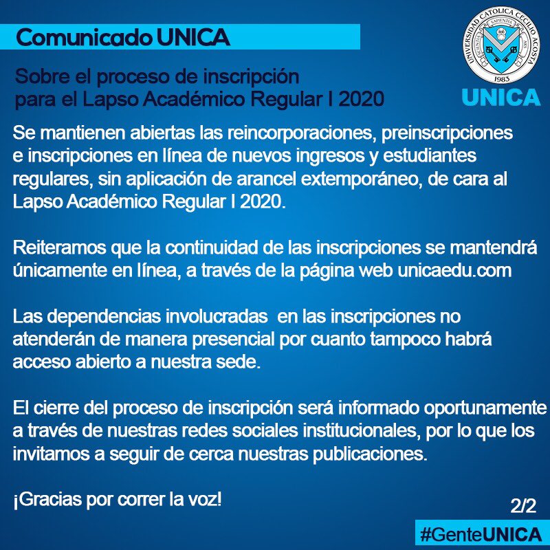 UNICAeduve's tweet photo. #ComunicadoUNICA
👉 Sobre el proceso de inscripción del Lapso Académico Regular I 2020. 📌
(2/2) https://t.co/l2iBf6qrHK