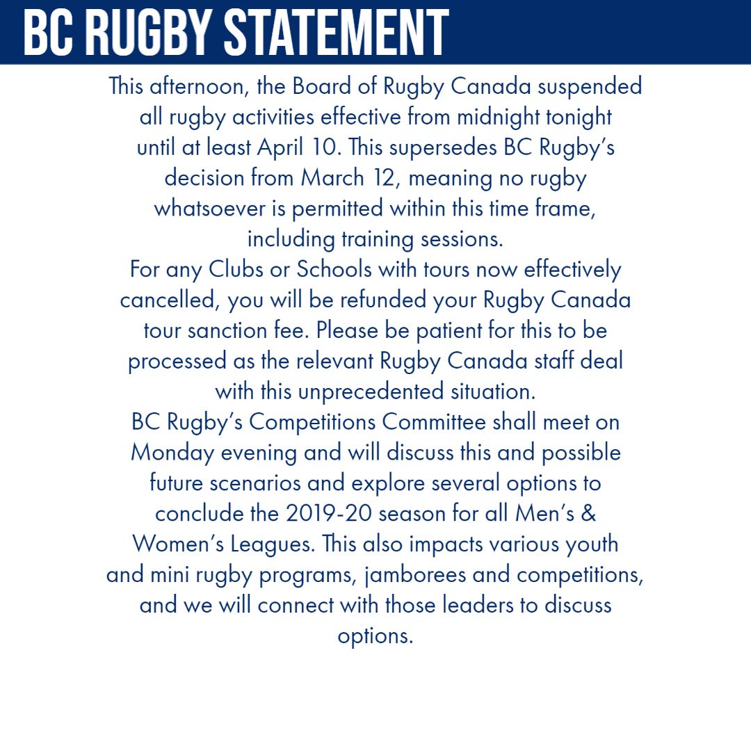 The Board of Rugby Canada has just this afternoon suspended all rugby activities effective from midnight tonight until at least April 10. 

For Rugby Canada's full statement, please visit rugby.ca.