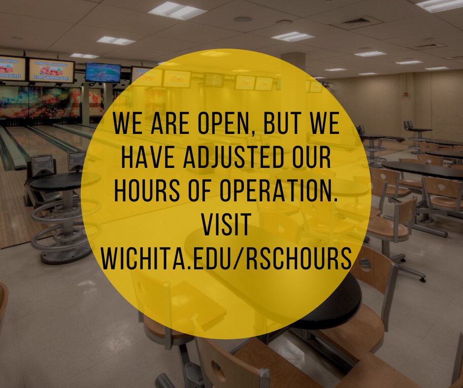 wsu_rsc's tweet photo. Shocker Sports Grill &amp; Lanes hours for the next week: 

3/14: 11 a.m. - 6 p.m.
3/15: 3-6 p.m.
3/16-3/20: 10 a.m. - 6 p.m. 

For a full list of hours please visit https://t.co/JpA8Xhnaxq https://t.co/BJi2G6N6ko