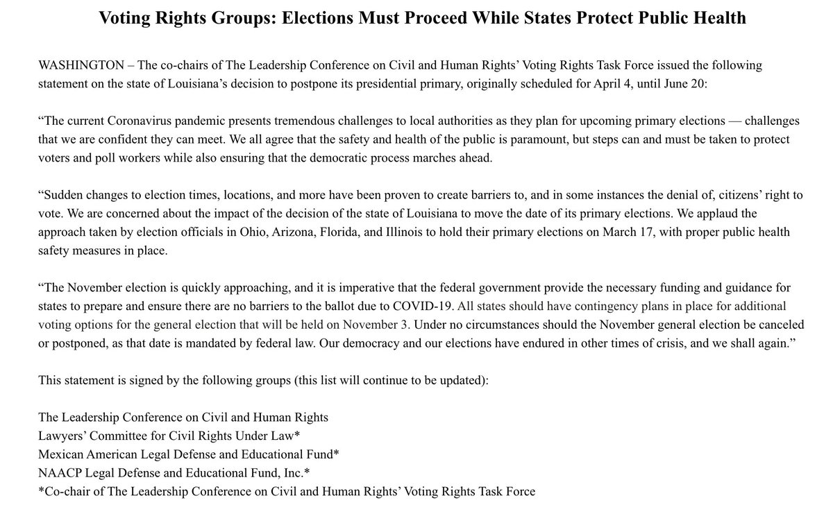 Screenshot of our statement on elections proceeding during the coronavirus pandemic. The full text of the statement will be linked in a subsequent tweet.