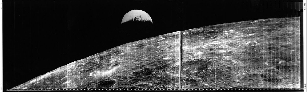 NASAMoon's tweet photo. Visiting the Moon changed our perspective of our home planet. Every Friday until #EarthDay50 we’ll share a pic of our Earth &amp; Moon to honor our unique planet.  

This is the first image of Earth from the Moon, taken on August 23, 1966 by Lunar Orbiter 1. https://t.co/phCyiFGeOG https://t.co/f1CE6jDAlu