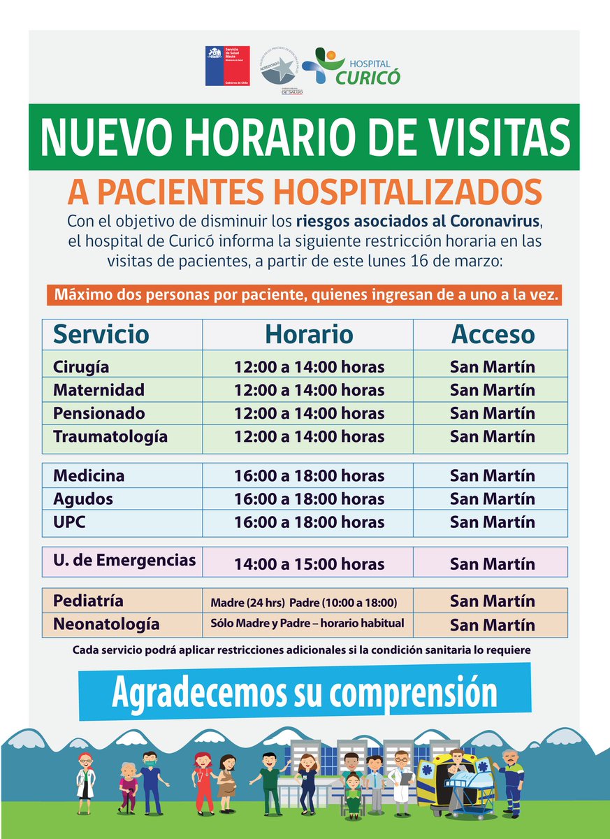 Hospital de Curicó Informa Nuevos Horarios de Visita a Pacientes

La medida apunta a disminuir riesgos asociados al Coronavirus, comenzando a regir el lunes 16 de marzo.