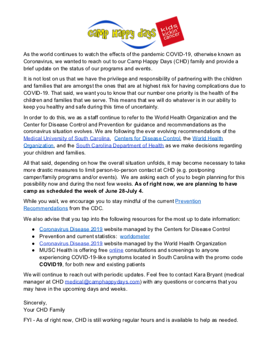 camphappydays's tweet photo. With the recent concerns &amp; measures taken across the United States to combat COVID-19, the staff at Camp Happy Days is monitoring and will continue to assess the situation and send out updates.

PDF: https://t.co/8W9tm89hDx https://t.co/2HHQYBMI8K