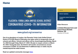 ylhigh's tweet photo. School and Office closure Monday March 16th to Friday March 27th - "Out of an abundance of caution, the Placentia-Yorba Linda Unified School District (PYLUSD) Board of Education has taken action to temporarily close all schools and  https://t.co/EHU5DTIEKF https://t.co/ORxk0RHvW6