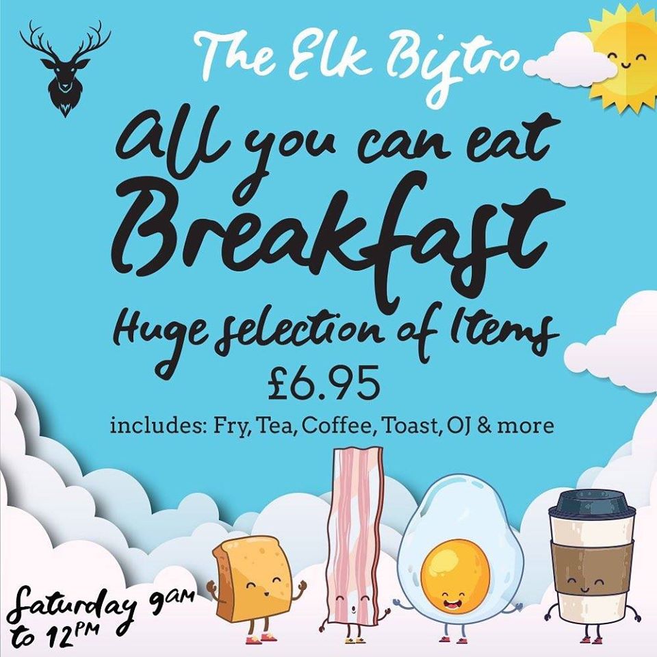 TheElkToome's tweet photo. 💜 Join us  tomorrow morning from 9am to 12pm as we unleash the best breakfast deal ever. £6.95 all you can eat breakfast. Inc. Tea, Coffee, OJ, Toast and unlimited breakfast items. Sensational..... 💜

#whoevencooksattheweekend #theelk https://t.co/SZ4DGlXzgf