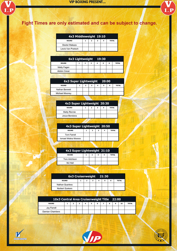 Tomorrow night's running order - tickets still available on the door! A huge TOB with <a href="/boxer_farrell/">Jay Farrell</a> v @damianchambo for the Central Area Cruiserweight Title!
